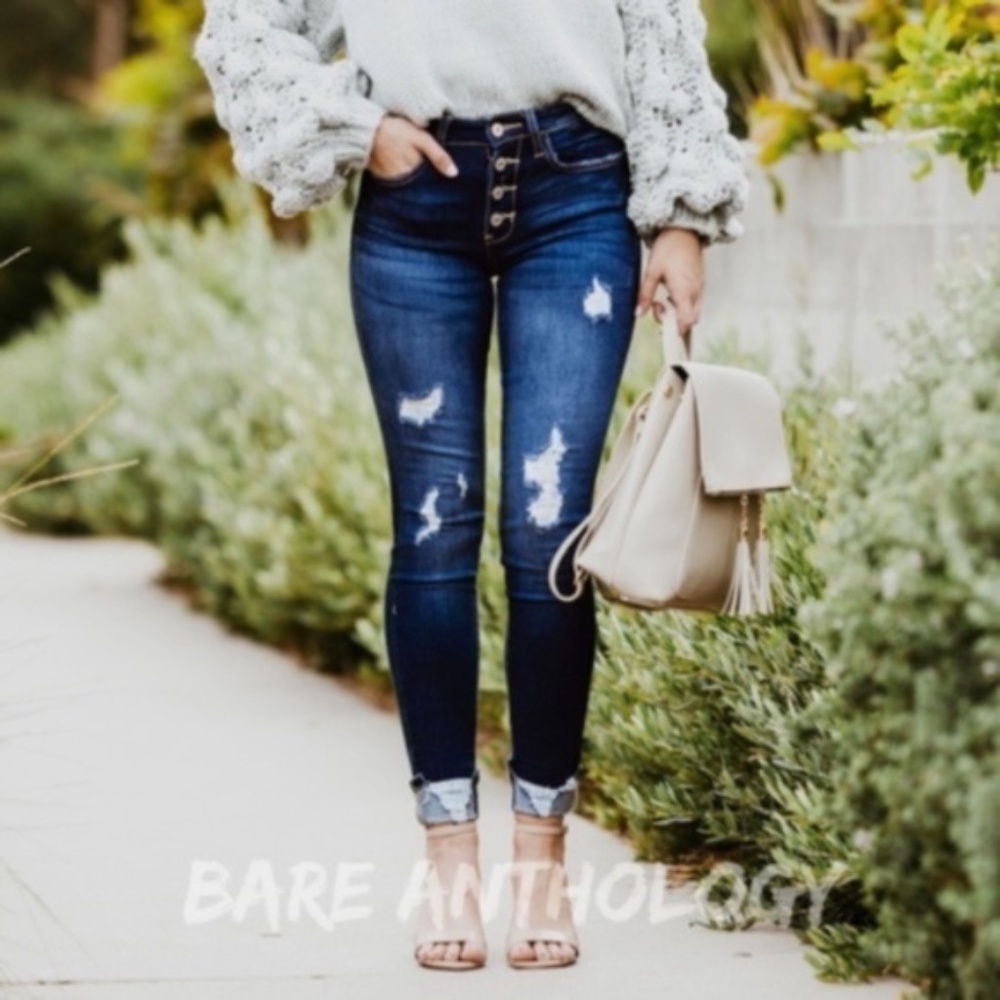 KanCan Distressed Skinny Button Fly Denim Jeans